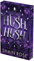 Book cover for 'Hush, Hush' by Shain Rose, featuring a deep purple background with black floral vines, silver glitter-style title text, and purple flowers.
