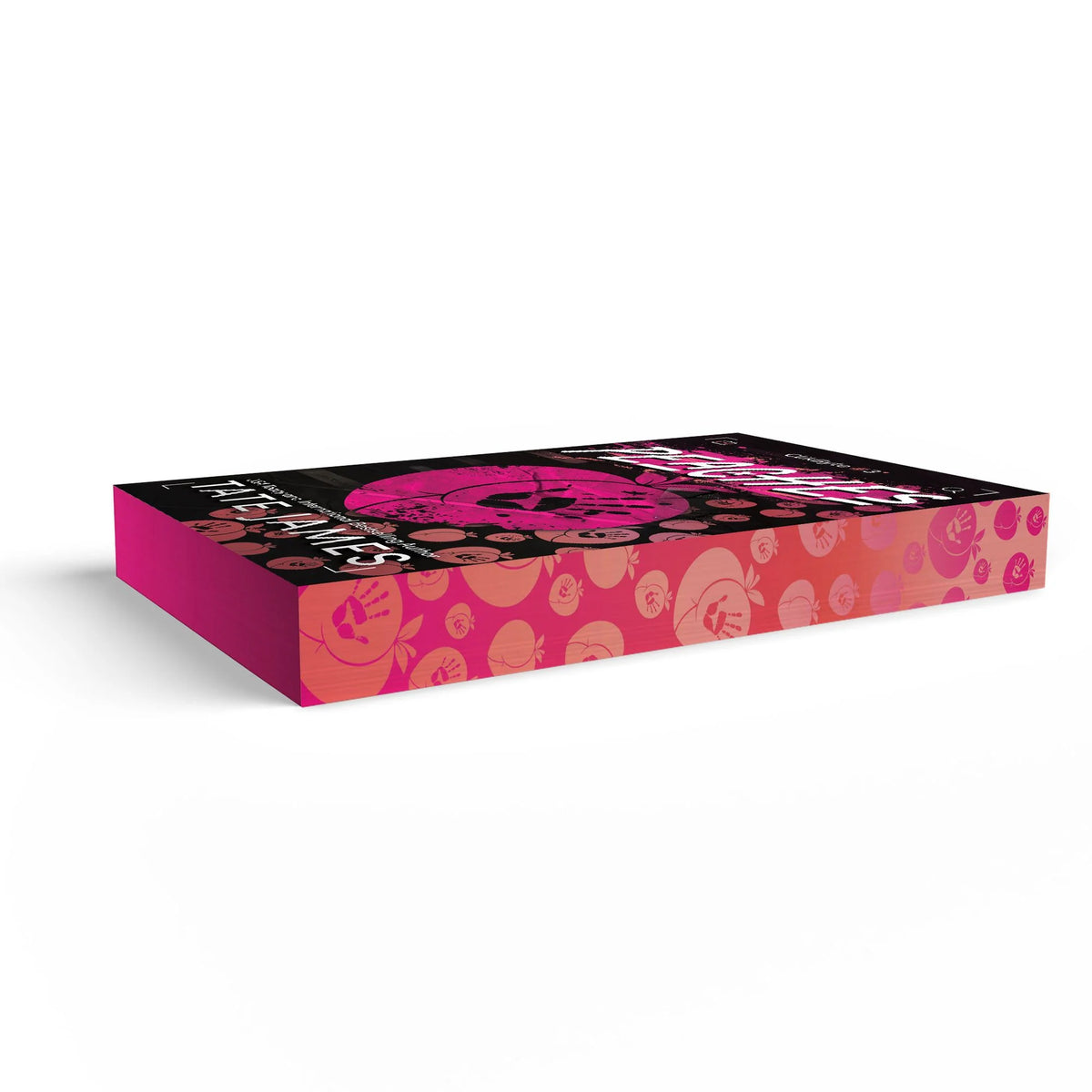 A rectangular product box with a black top featuring a large pink circular graphic and white text, plus a bright pink and orange patterned side, shown on a clean white background.