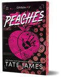 Book cover for 'Peaches' by Tate James, featuring a black background with a large pink peach graphic, white title text, and smaller peach illustrations around the edges.
