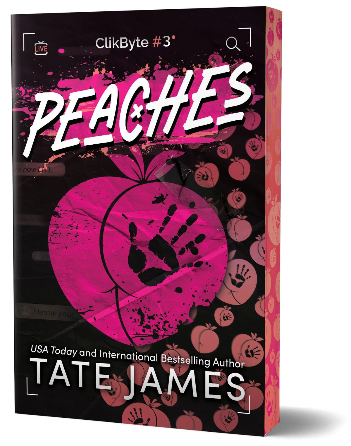 Book cover for 'Peaches' by Tate James, featuring a black background with a large pink peach graphic, white title text, and smaller peach illustrations around the edges.