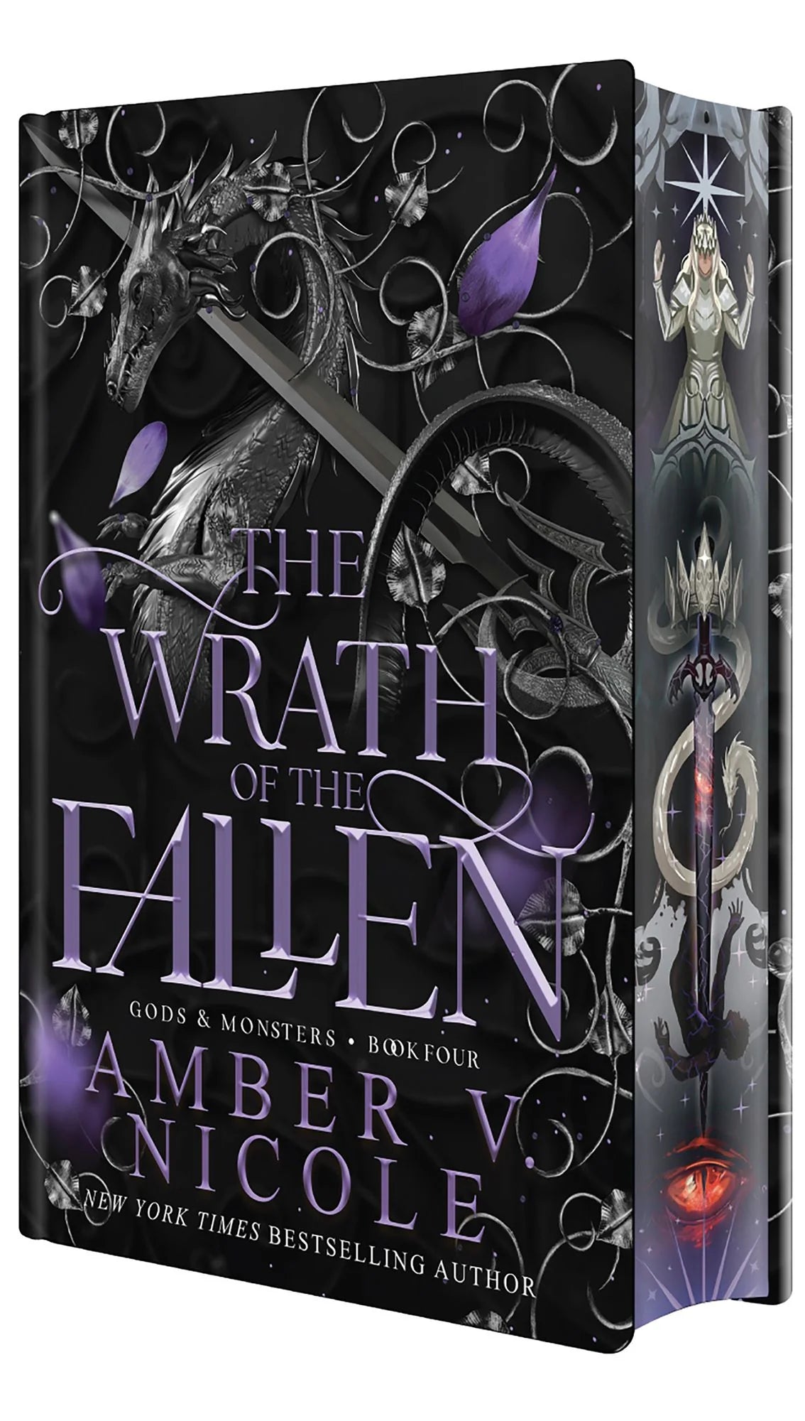 The Wrath of the Fallen book by Amber V. Nicole, featuring a dark fantasy cover with a black dragon, purple accents, and gothic typography.