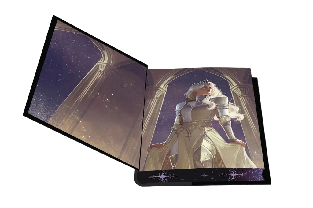 An open hardcover art book displaying fantasy illustrations. The left page shows a starry night sky with arches, and the right page features a white-armored female warrior under a large archway.