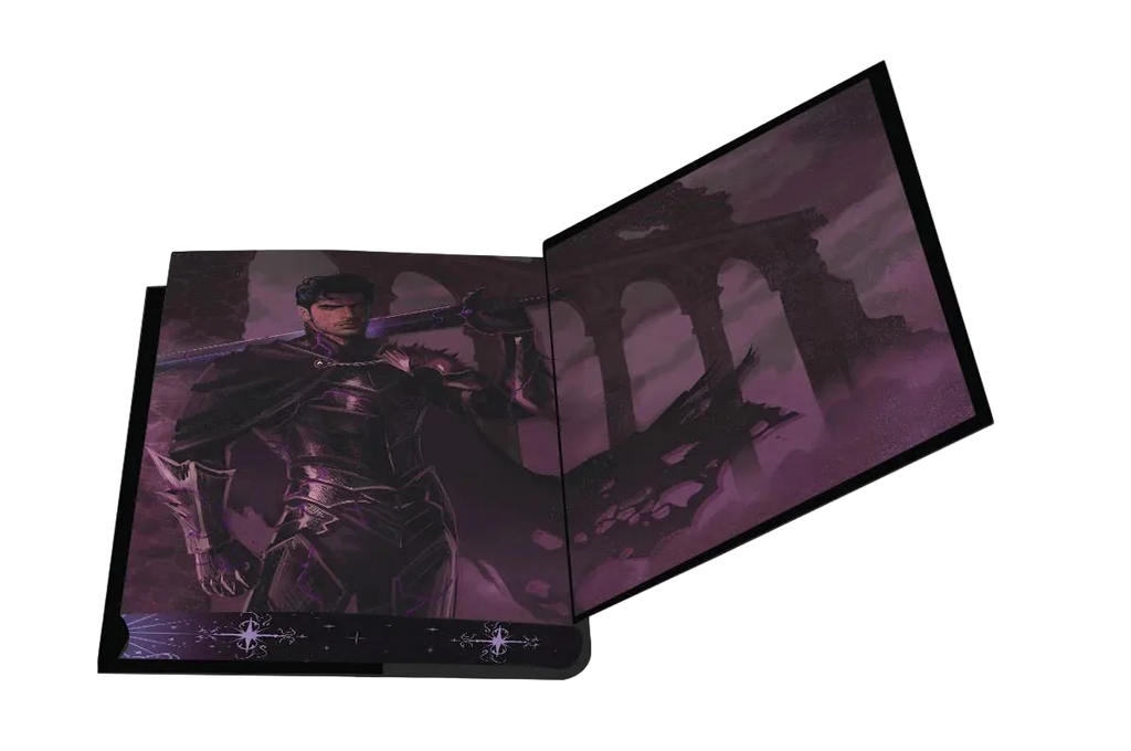A two-sided book featuring dark fantasy artwork of a knight in armor and a gothic ruins scene, shown open on a plain white background.