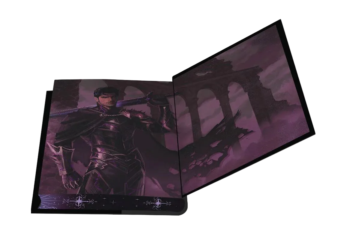 A two-sided book featuring dark fantasy artwork of a knight in armor and a gothic ruins scene, shown open on a plain white background.