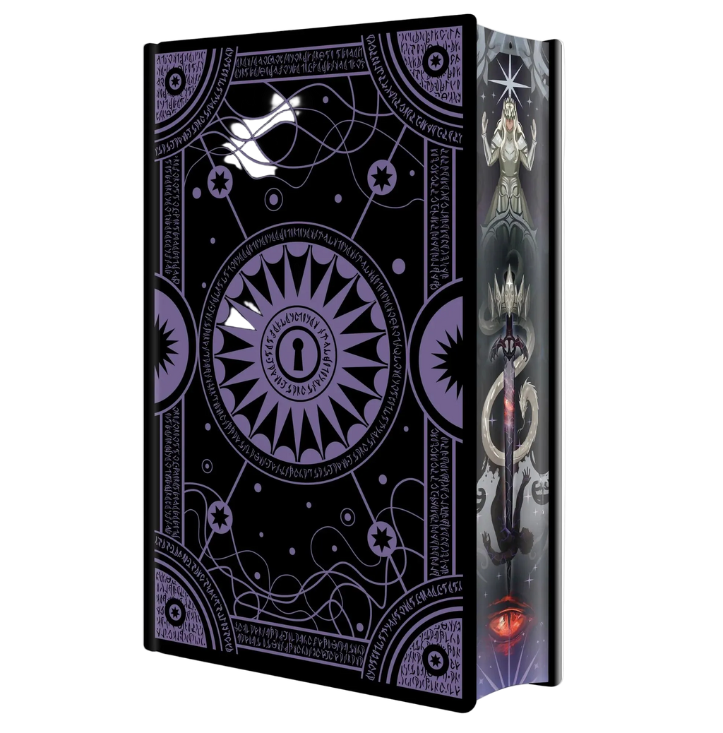 A hardcover book or box with a black cover decorated with intricate purple occult-style illustrations, including a central sunburst emblem, circular symbols, and a side panel showing a dark figure and glowing red eye details, photographed on a white background.